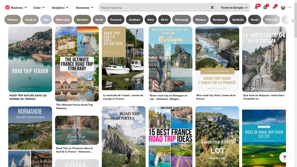 Exemple d'utilisation de Pinterest pour planifier un road trip